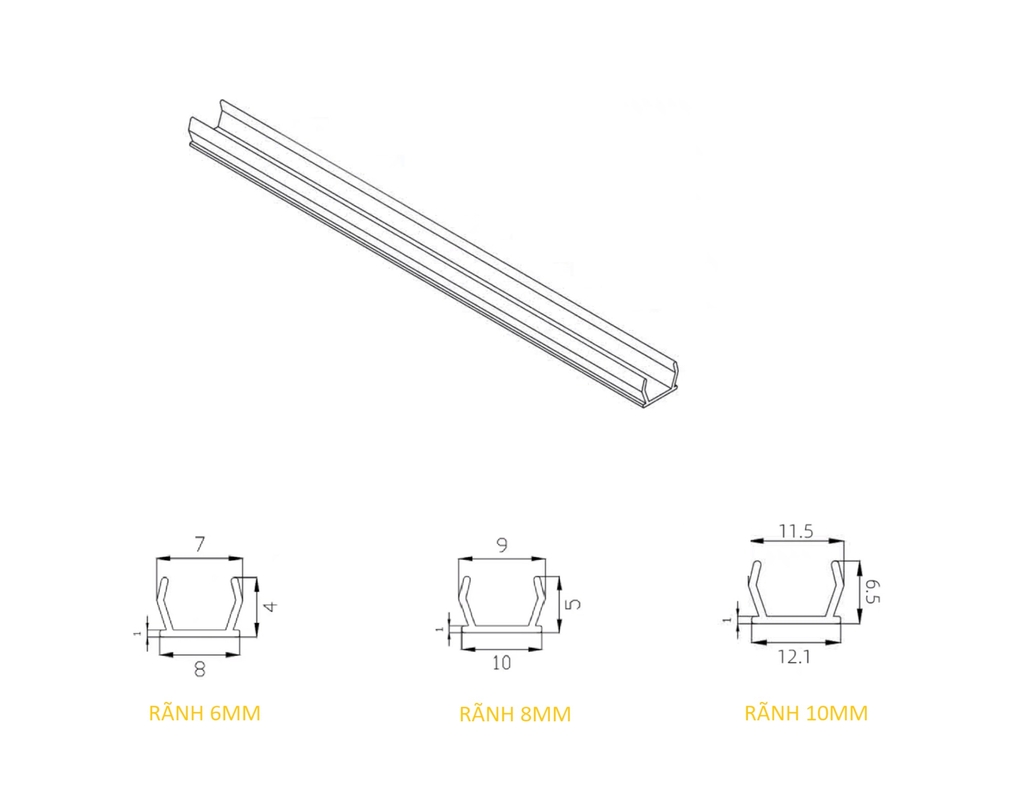 kích thước nẹp nhựa cứng cho rãnh nhôm định hình