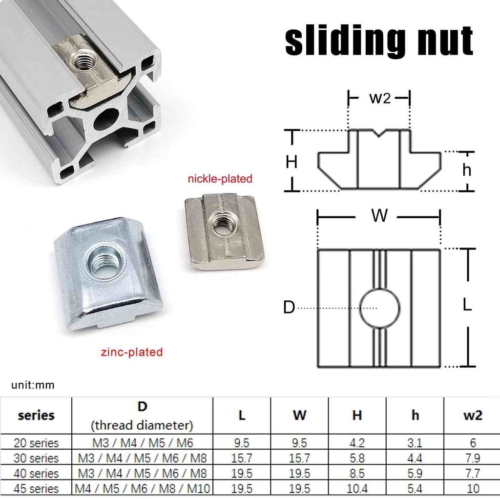 dimension sliding nut 2020 3030 4040