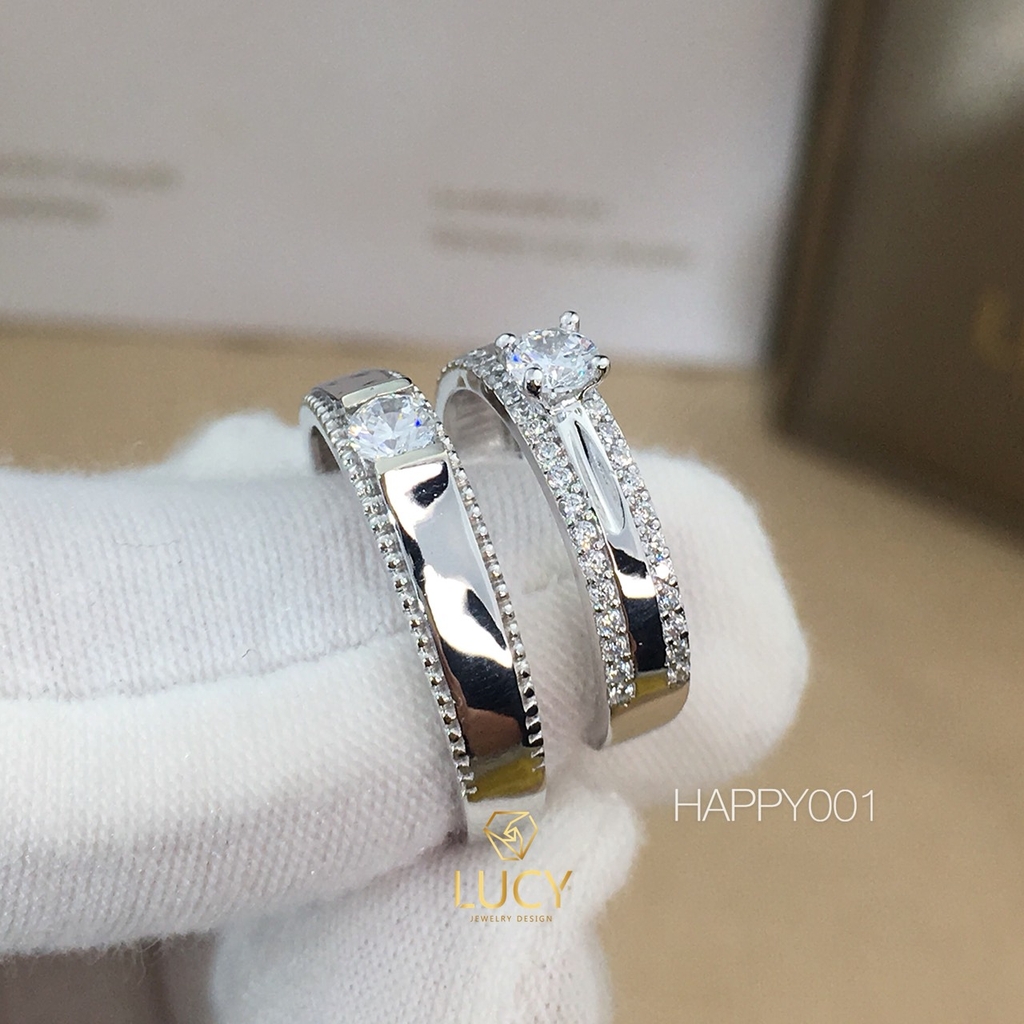 HAPPY001 Nhẫn cưới đẹp vàng tây, vàng trắng, vàng hồng 10k 14k 18k, Bạch Kim Platinum PT900 đính CZ, Moissanite, Kim cương - Lucy Jewelry