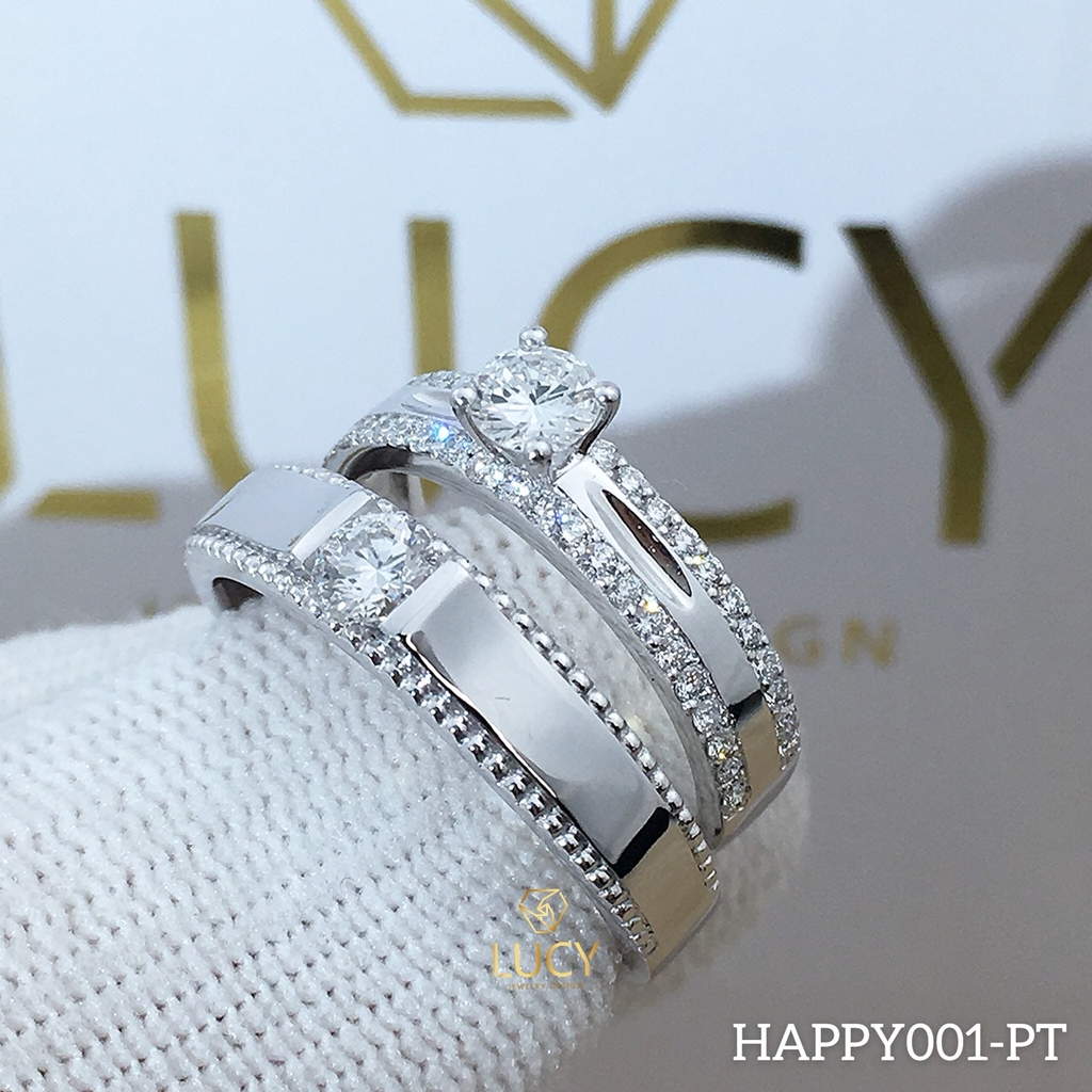 HAPPY001 Nhẫn cưới đẹp vàng tây, vàng trắng, vàng hồng 10k 14k 18k, Bạch Kim Platinum PT900 đính CZ, Moissanite, Kim cương - Lucy Jewelry