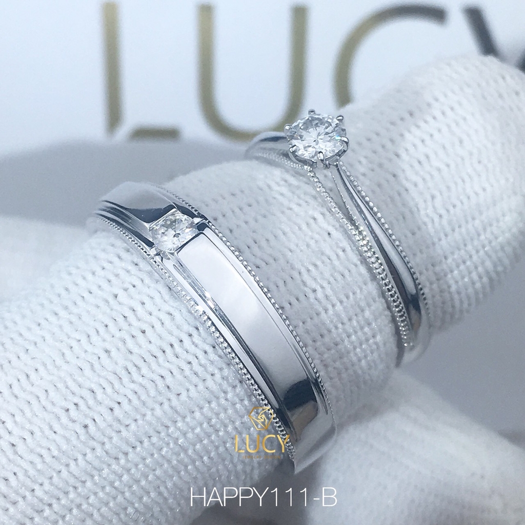 HAPPY111B Nhẫn cưới vàng tây-trắng-hồng 10k 14k 18k, Bạch Kim Platinum PT900 đá CZ, Moissanite, Kim cương 3.5mm 3.6mm 4mm - Lucy Jewelry