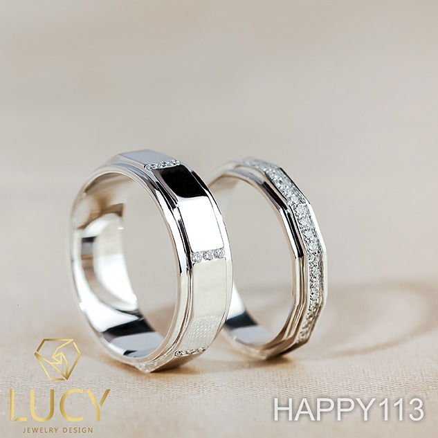 HAPPY113 Nhẫn cưới đẹp vàng tây, vàng trắng, vàng hồng 10k 14k 18k, Bạch Kim Platinum PT900 đính CZ, Moissanite, Kim cương - Lucy Jewelry