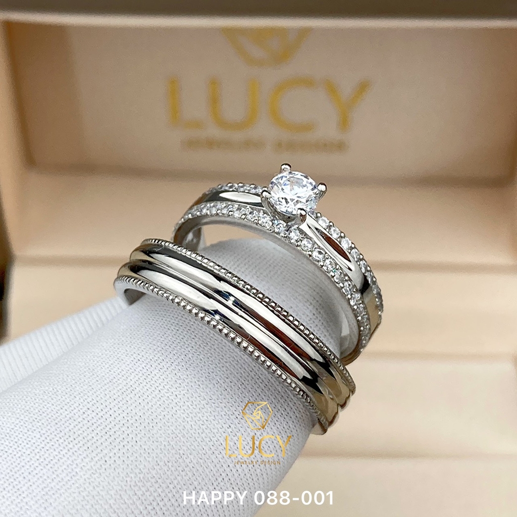 HAPPY088-001-PT900 Nhẫn cưới Bạch kim Platinum 90% PT900 đính CZ, Moissanite, Kim cương - Lucy Jewelry