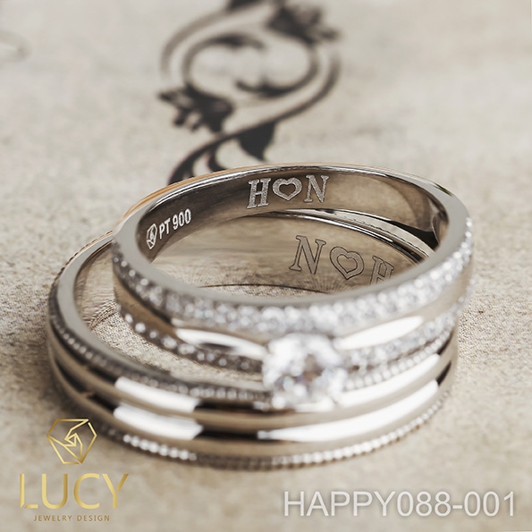 HAPPY088-001 Nhẫn cưới đẹp vàng tây, vàng trắng, vàng hồng 10k 14k 18k, Bạch Kim Platinum PT900 đính CZ, Moissanite, Kim cương - Lucy Jewelry