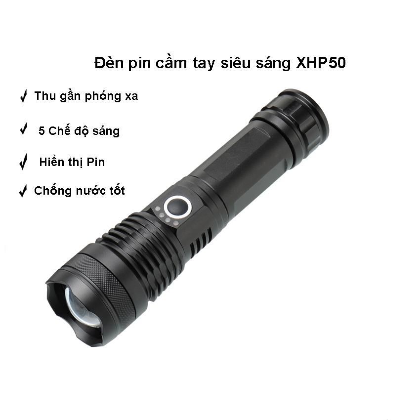 Đèn pin cầm tay siêu sáng XHP50 chiếu xa 500m tích điện dung lượng cao có Zoom xa gần, chống nước, pin  trâu