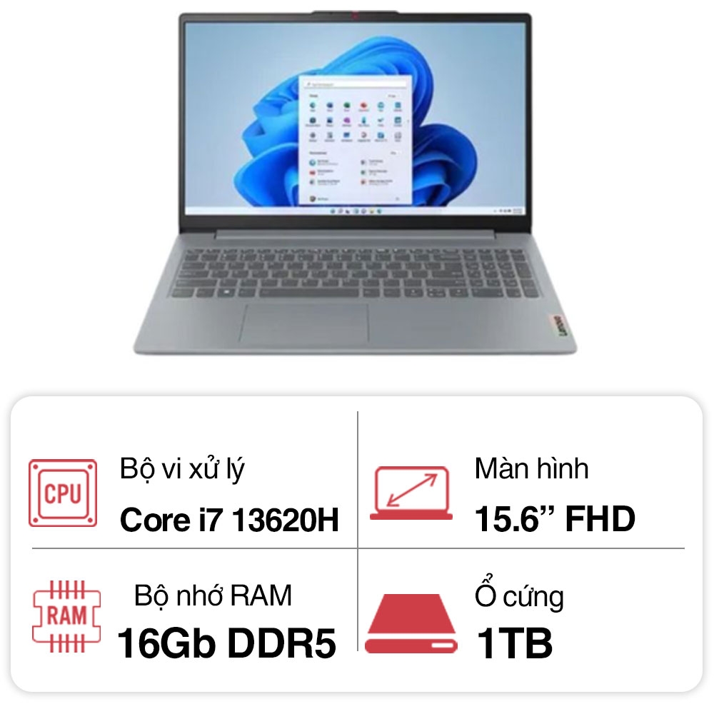 Laptop Lenovo IdeaPad Slim 3 15IRH8 83EM003EVN (Core i7 13620H/ 16GB/ 512GB SSD/ Intel Iris Xe Graphics/ 15.6inch Full HD/ Windows 11 Home/ Arctic Grey/ PC + ABS (Top), PC + ABS (Bottom)/ 2 Year)