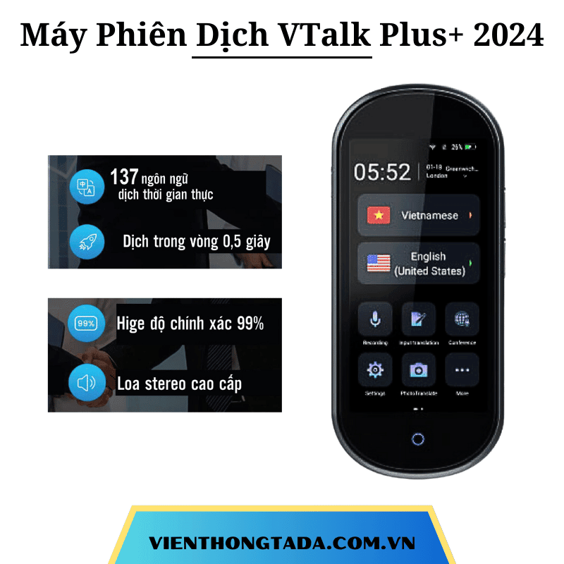 VTalk Plus+ 2024| Máy Phiên Dịch Cầm Tay Cho Du Lịch, Công Tác, Học Tập | Dịch Tức Thời 137 Ngôn Ngữ, Pin 2500mAh