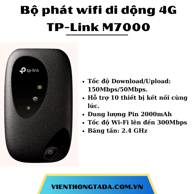 TP-Link M7000 | Bộ Phát Wifi Di Động 4G LTE, 150Mbps, Pin 2000mAh, Kết Nối 10 Thiết Bị Cùng Lúc | Bảo hành 12 tháng 