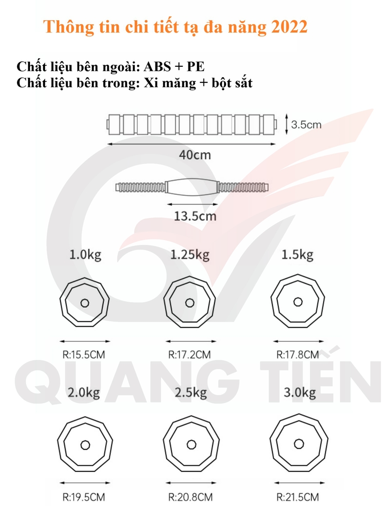 Tạ Tay + Tạ Đẩy kết hợp (2 in 1) chất liệu sắt- Loại 20-30-40KG ver1