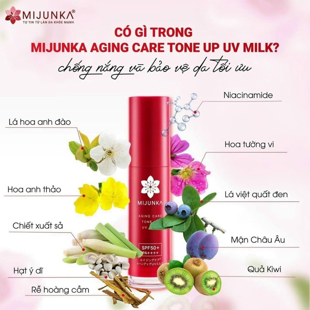 Kem Chống Nắng Mijunka Aging Care Toneup UV Milk SPF50+/PA++++ Nhật Bản 30ml