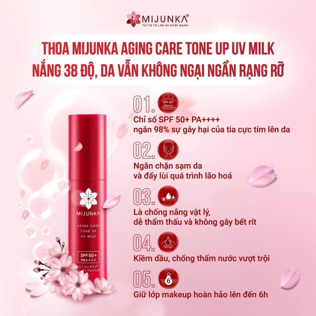 Kem Chống Nắng Mijunka Aging Care Toneup UV Milk SPF50+/PA++++ Nhật Bản 30ml