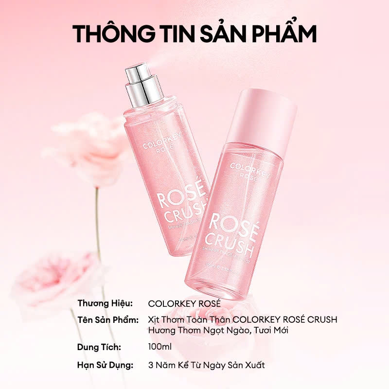 Xịt Thơm Toàn Thân Body Mist Colorkey Rose Crush Shimmer Hương Thơm Ngọt Ngào, Tươi Mới 100ml
