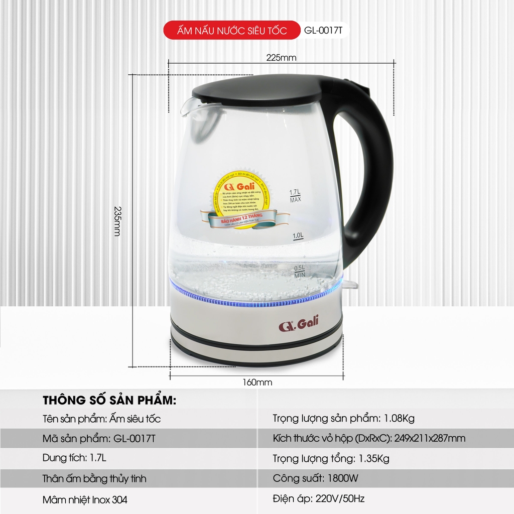 Ấm siêu tốc 0017T - 1.7 Lít - Bảo hành 1 năm