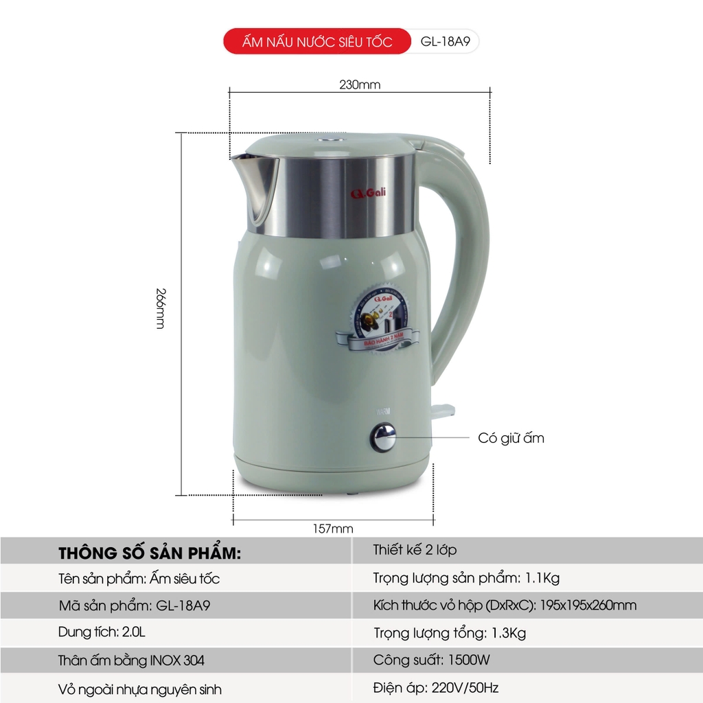 Ấm siêu tốc giữ ấm 18A9 - 2 Lít - Bảo hành 2 năm