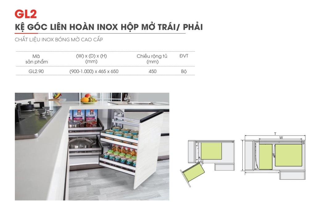 Kệ góc liên hoàn inox hộp cánh mở  trái/phải (Inox 304 bóng mờ cao cấp)