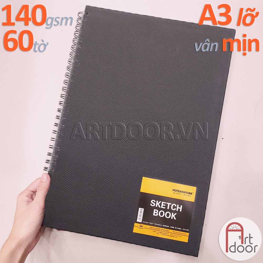 Sổ vẽ chì POTENTATE Bìa Cứng Đen lò xo mỏng 100~140gsm (vân mịn)