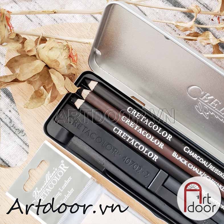 Bộ dụng cụ vẽ chì CRETACOLOR Charcoal than Thô (hộp thiếc) - 8 món (46008) - [xả kho]