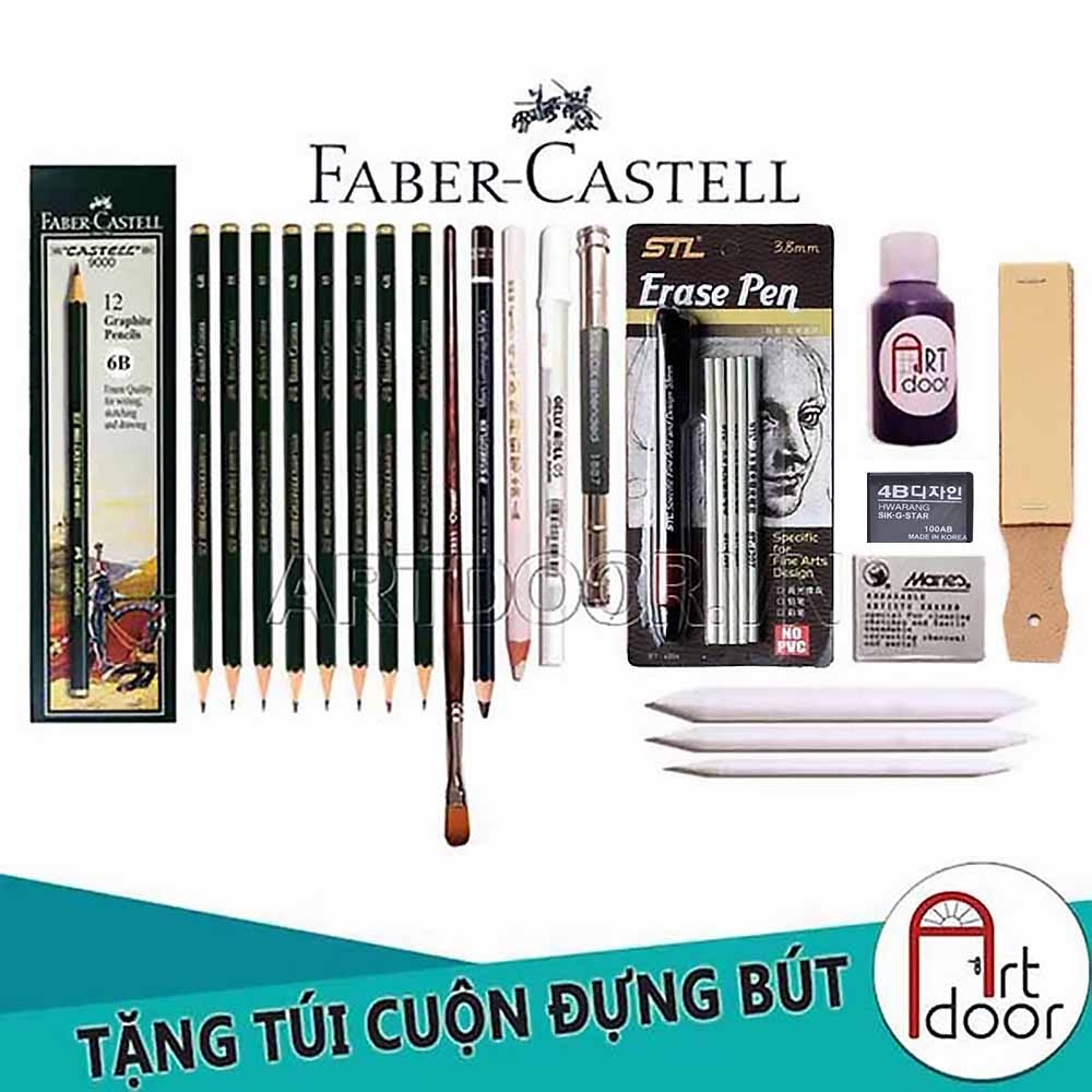 Bộ dụng cụ vẽ chì KOH/ FABER/ STAEDTLER truyền thần chuyên nghiệp (túi vải)