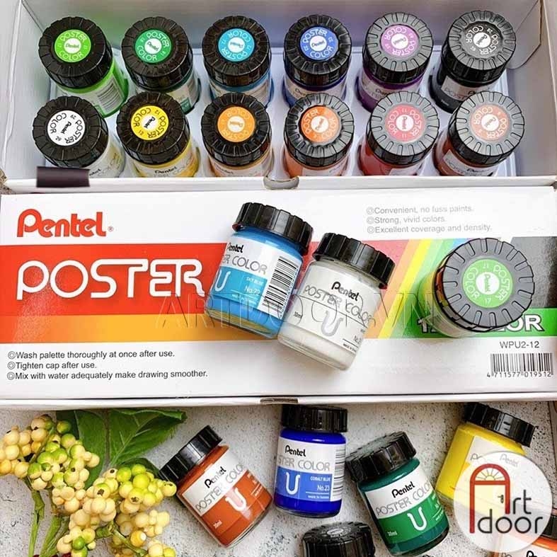 Bộ màu vẽ Poster PENTEL Postercolor Hũ 12~30ml (hộp giấy)