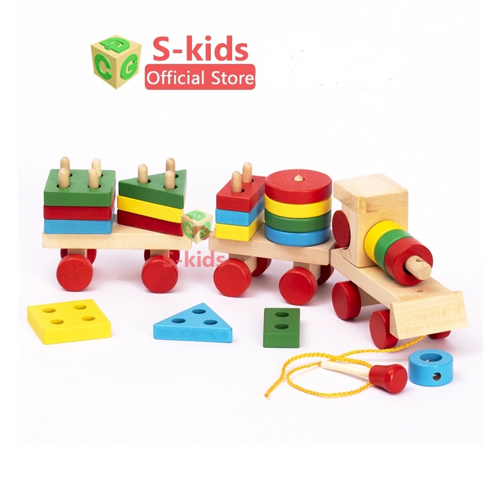 Đồ Chơi Gỗ S-Kids, Tàu Lửa 3 toa thả hình khối đồ chơi phát triển kỹ năng cho bé