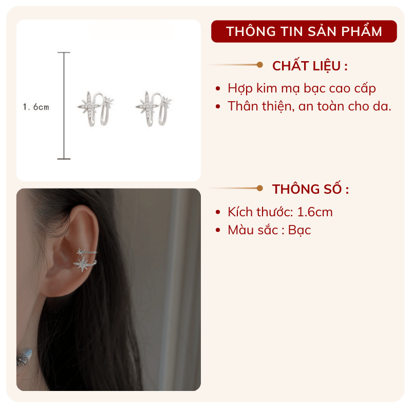Bông tai vành đình đá ngôi sao B138 (1 Chiếc)