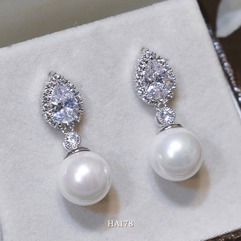 Bông tai nữ hình giọt nước đính đá cao cấp phối ngọc trai nhân tạo phong cách cá tính HA178