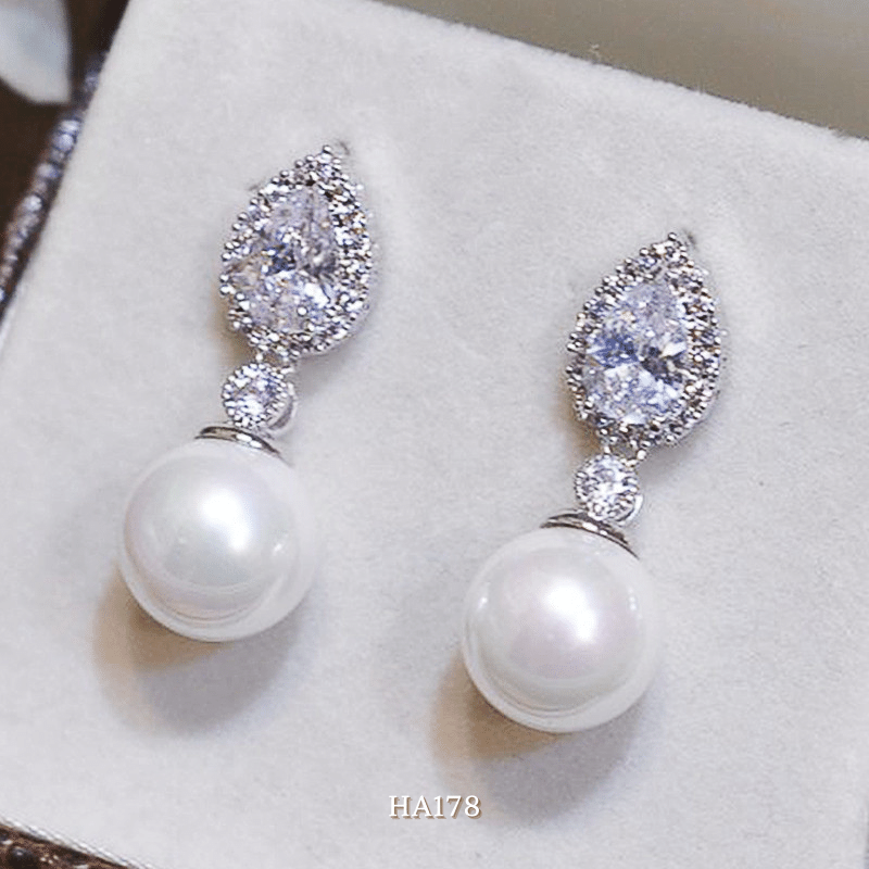 Bông tai nữ hình giọt nước đính đá cao cấp phối ngọc trai nhân tạo phong cách cá tính HA178