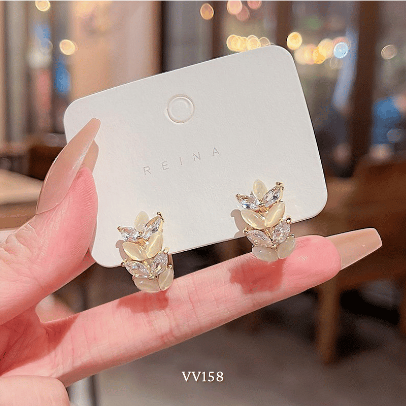 Bông tai khoen tròn mạ vàng hình lá Oliu đính đá cao cấp -  VV158