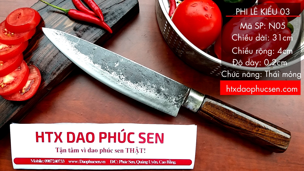 Dao phile sắc bén - Thép nhíp ô tô - Cán gỗ tự nhiên khâu inox - N05 | DAO VIP - HTX DAO PHÚC SEN