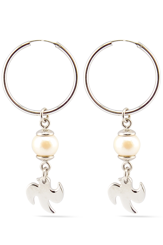 Bông tai Bạc 925 phối Ngọc trai Bird Charm Pearl Silver 925 Hoops (2x26mm) Earings/ Cream