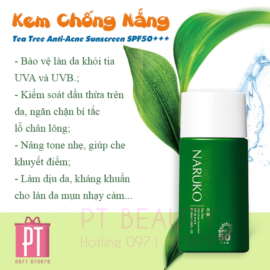 Naruko Đài Loan - Kem Chống Nắng Tràm Trà Tea Tree Anti-Acne Sunscreen SPF50 PA+++ 30ml