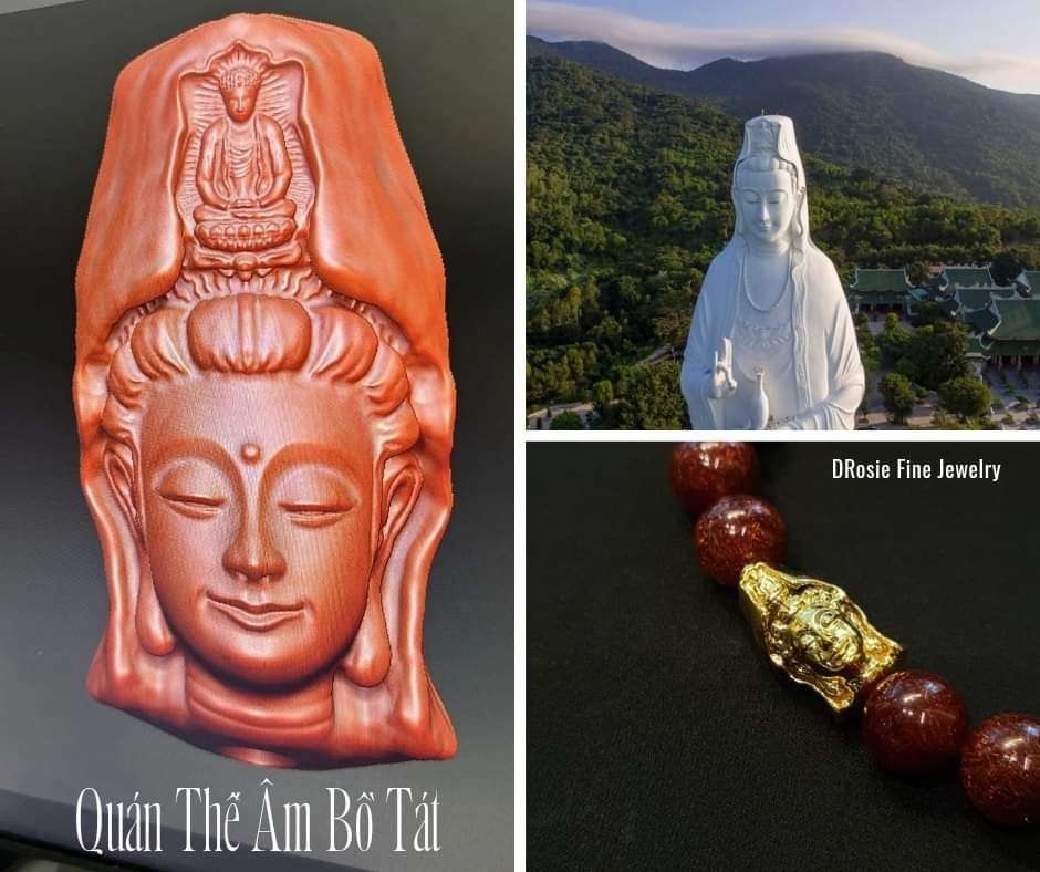 CHARM QUÁN THẾ ÂM BỒ TÁT MIX LẮC TAY THẠCH ANH TÓC ĐỎ