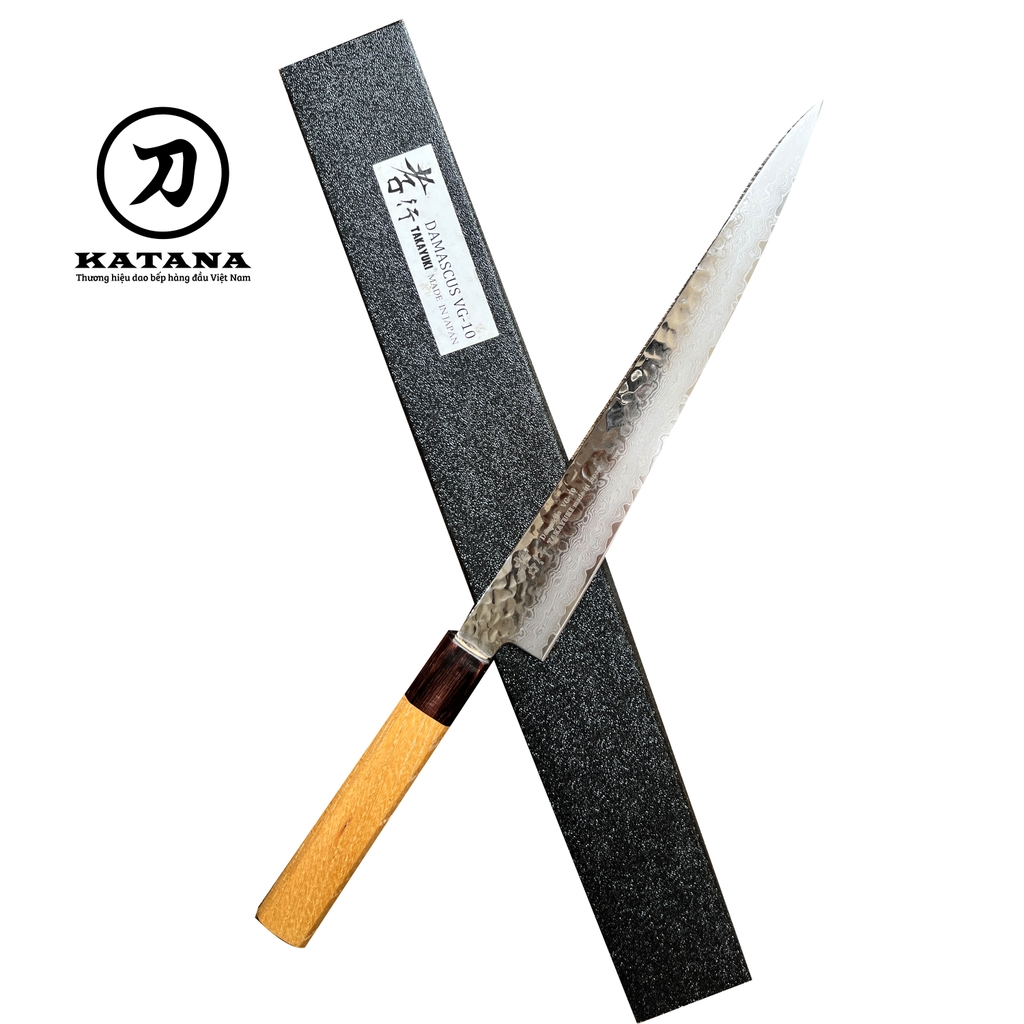 Dao bếp Nhật cao cấp Sakai Takayuki thép Damascus Hammered 33 lớp VG10 Sujihiki cán vàng - Dao thái lát mỏng (240mm)