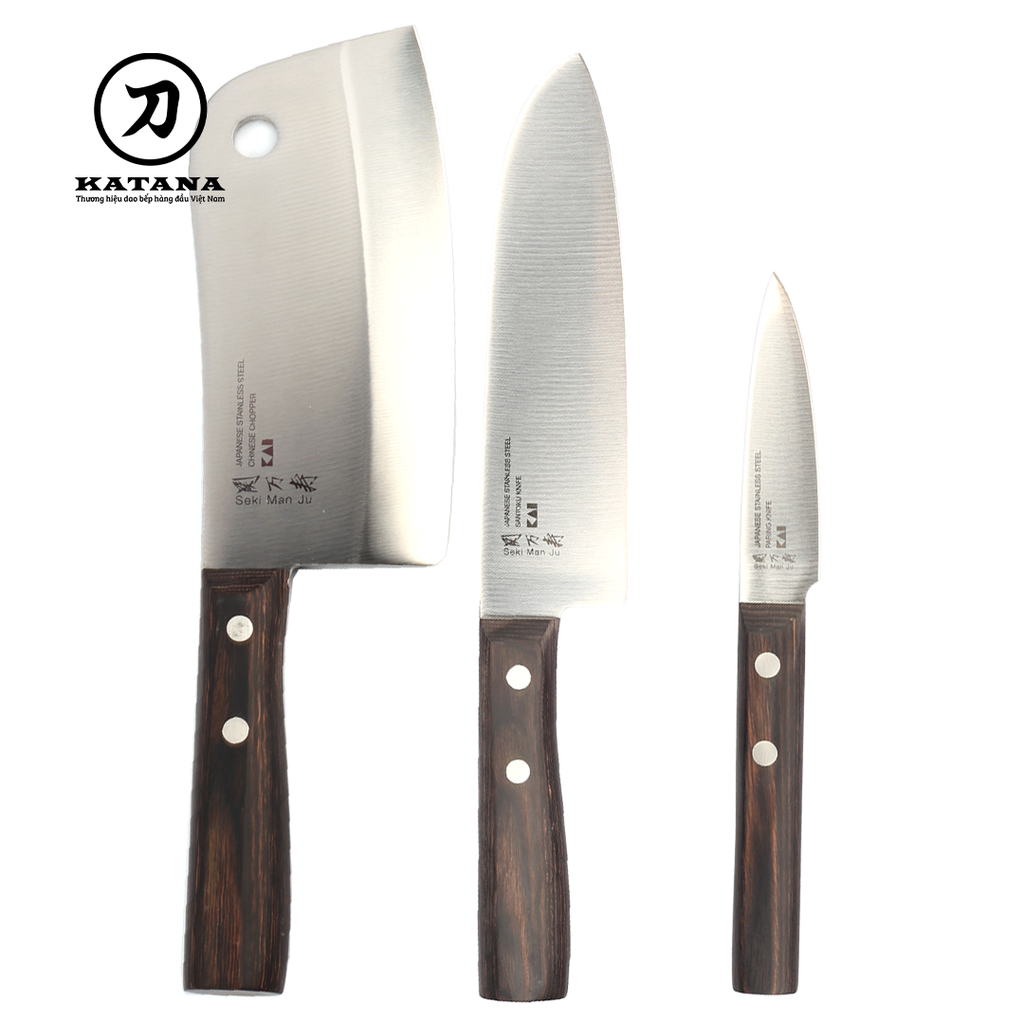 Bộ 3 dao KAI Seki ManJu cán gỗ cao cấp Nhật Bản - Dao chặt - Thái đa năng - Gọt hoa quả
