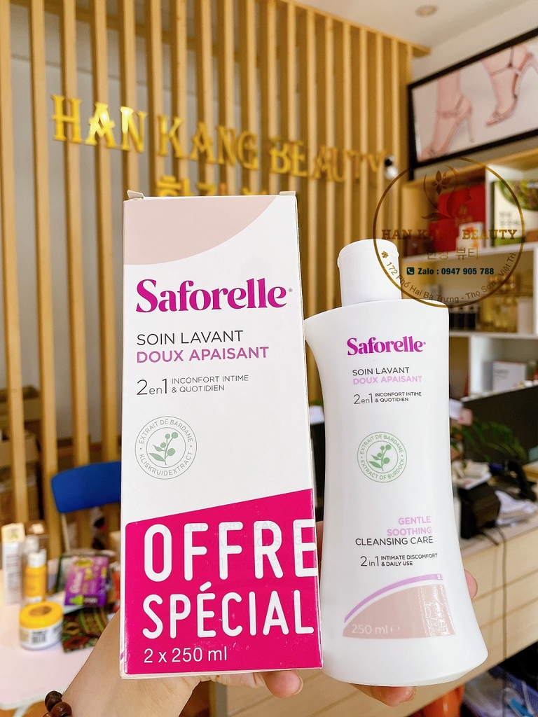 Dung dịch vệ sinh Saforelleb Soin Lavant Doux Apaisant 250ml (Được Hiệp hội sản phụ khoa Pháp chứng nhận)