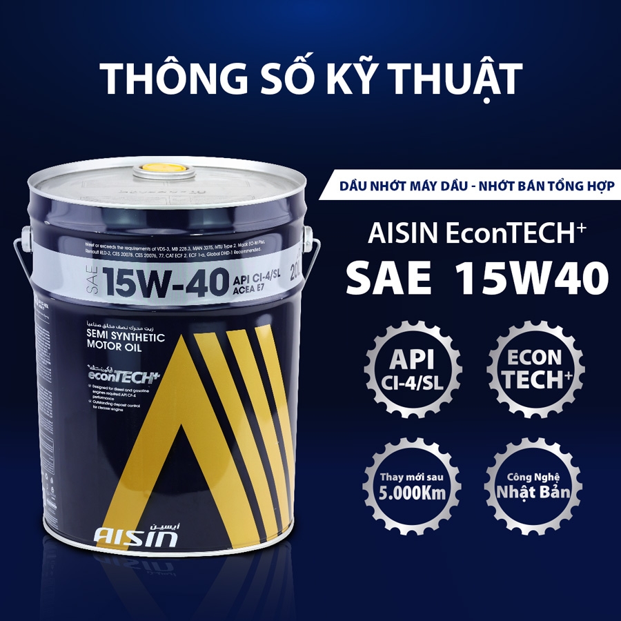Dầu Nhớt Bán Tổng Hợp AISIN Econtech+ CI4/SL 15W40 20 Lít ECSI154PLB - Nhập Khẩu Chính Hãng