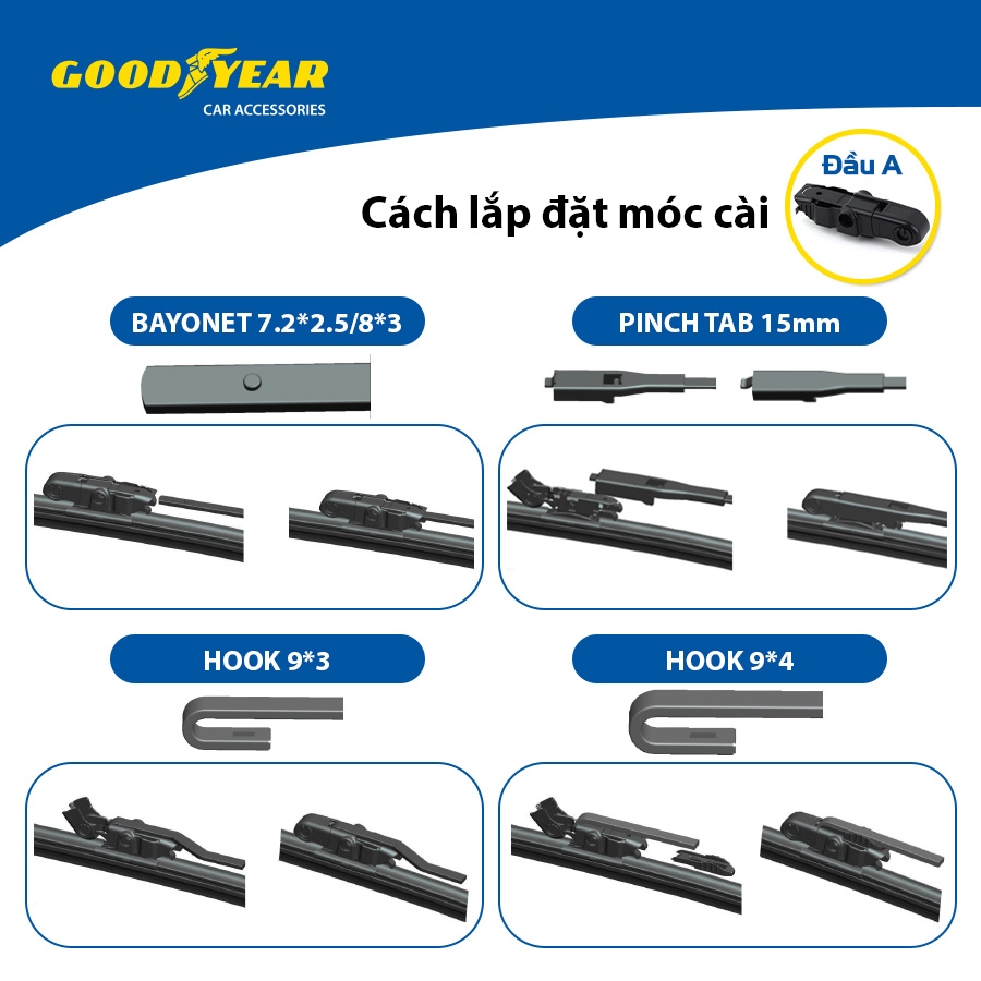 Gạt Mưa Không Xương GOODYEAR Chân Cài Đa Năng (Đầu A, B) Lắp Được Nhiều Dòng Xe Đặc Biệt - Nhập Khẩu Chính Hãng