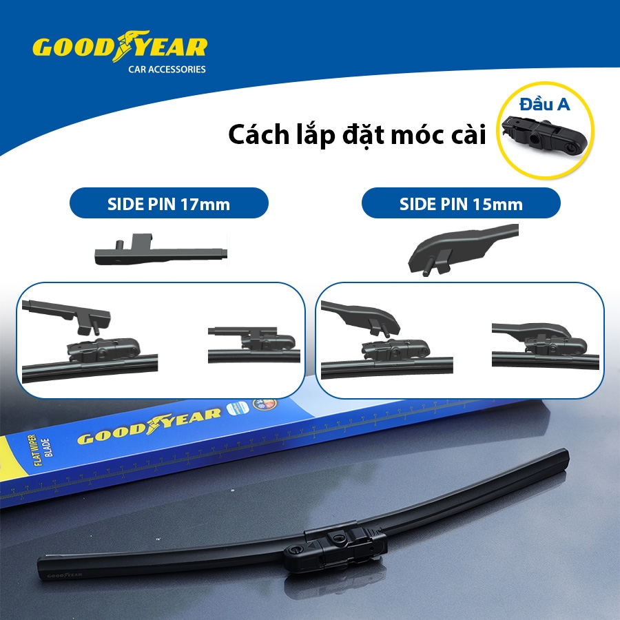 Gạt Mưa Không Xương GOODYEAR Chân Cài Đa Năng (Đầu A, B) Lắp Được Nhiều Dòng Xe Đặc Biệt - Nhập Khẩu Chính Hãng