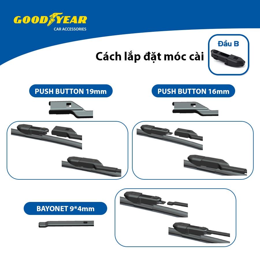 Gạt Mưa Không Xương GOODYEAR Chân Cài Đa Năng (Đầu A, B) Lắp Được Nhiều Dòng Xe Đặc Biệt - Nhập Khẩu Chính Hãng