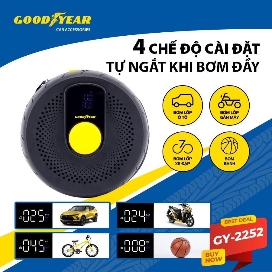 Máy Bơm Lốp Xe GOODYEAR GY-2252 Không Dây Tích Điện Tự Ngắt Đa Năng - Nhập Khẩu Chính Hãng