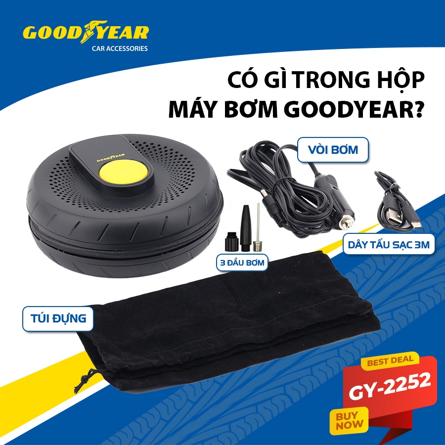 Máy Bơm Lốp Xe GOODYEAR GY-2252 Không Dây Tích Điện Tự Ngắt Đa Năng - Nhập Khẩu Chính Hãng