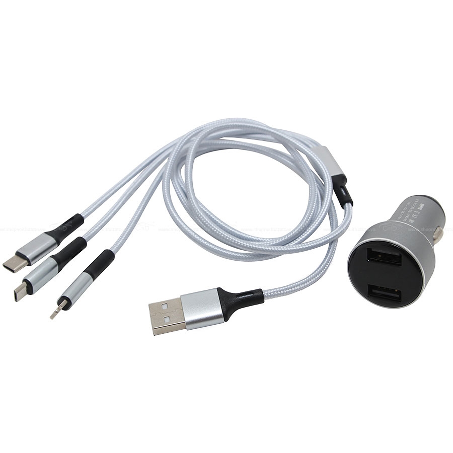 Bộ Sạc Điện Thoại 2 Cổng USB Và Cáp Sạc 3 Đầu Lightning/Micro USB/Type C CIND C74 Màu Bạc - Nhập Khẩu Chính Hãng