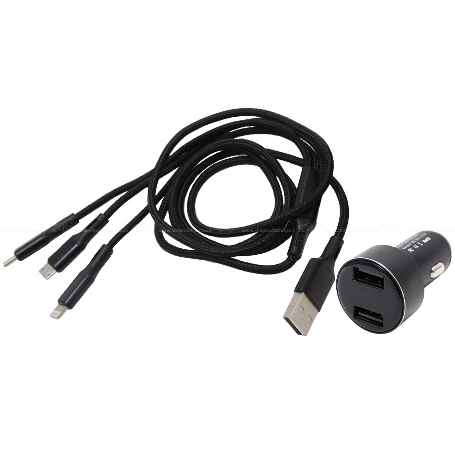 Bộ Sạc Điện Thoại 2 Cổng USB Và Cáp Sạc 3 Đầu Lightning/Micro USB/Type C CIND C74 Màu Đen - Nhập Khẩu Chính Hãng