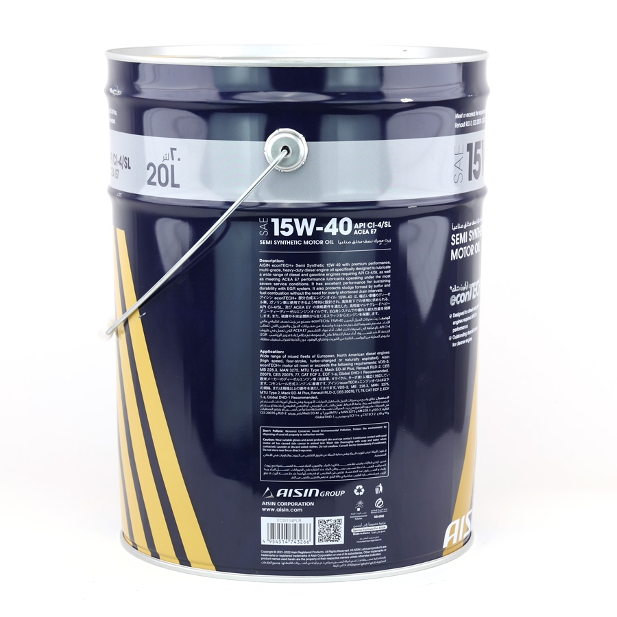 Dầu Nhớt Bán Tổng Hợp AISIN Econtech+ CI4/SL 15W40 20 Lít ECSI154PLB - Nhập Khẩu Chính Hãng