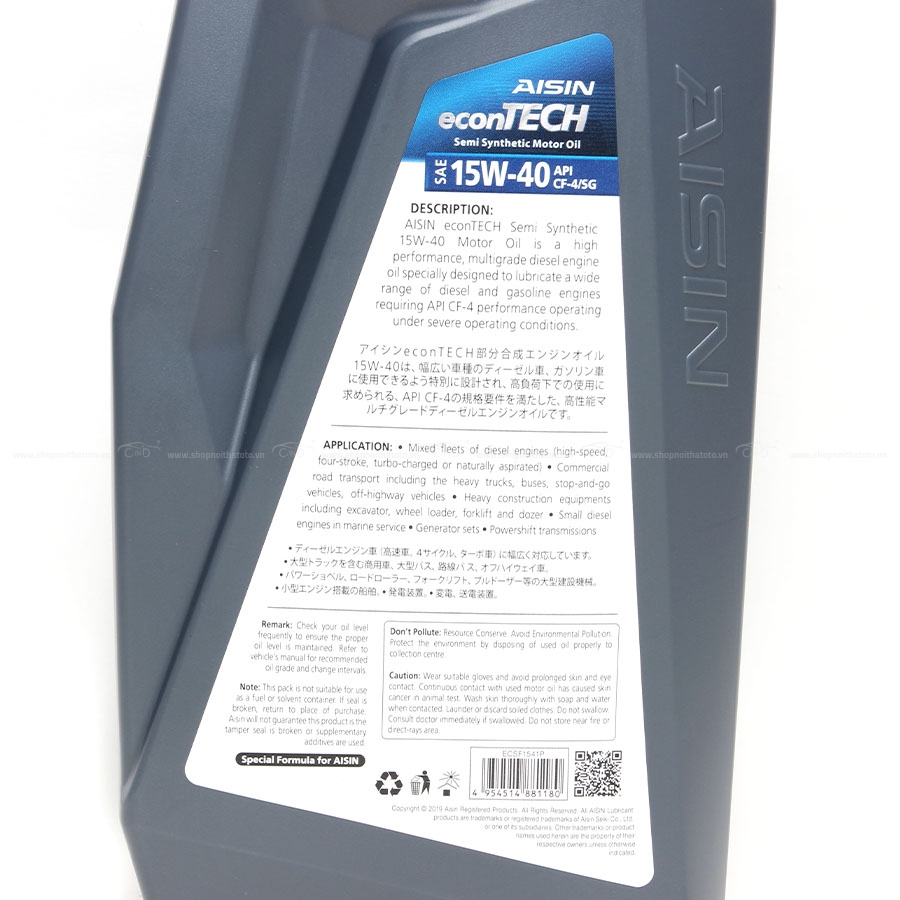 Nhớt Động Cơ AISIN ECSF1541P 15W-40 CF4 / SG Econtech+ Semi Synthetic 1L - Nhập Khẩu Chính Hãng