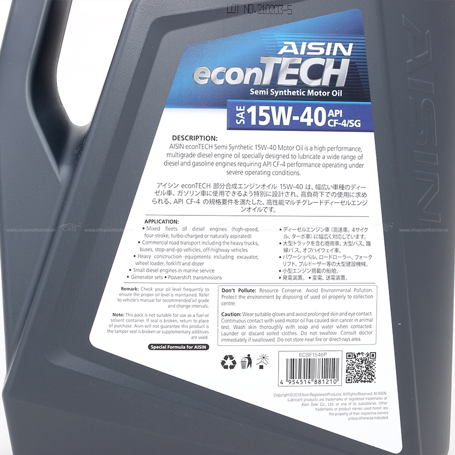 Nhớt Động Cơ AISIN ECSF1546P 15W-40 CF4 / SG Econtech+ Semi Synthetic 6L - Nhập Khẩu Chính Hãng