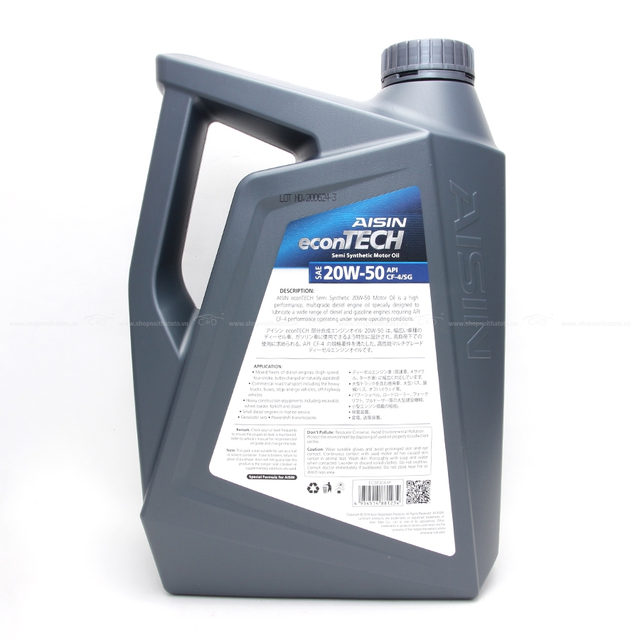 Nhớt Động Cơ AISIN ECSF2054P 20W-50 CF4 / SG Econtech+ Semi Synthetic 4L - Nhập Khẩu Chính Hãng