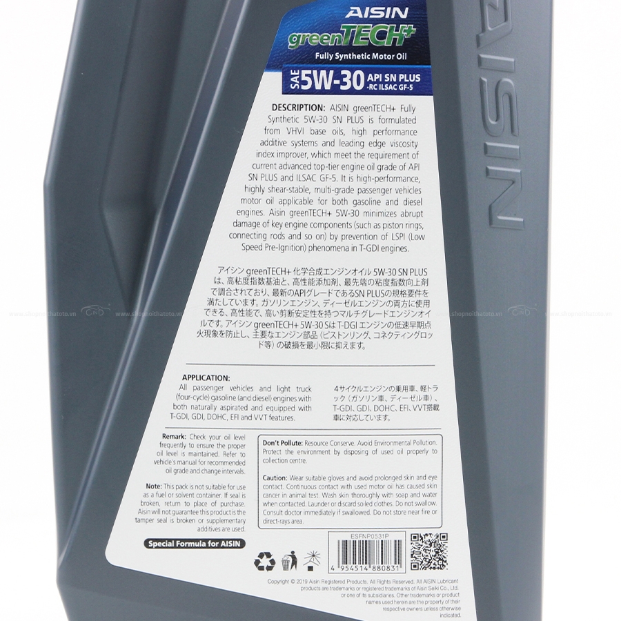 Nhớt Động Cơ AISIN ESFN0531P 5W-30 SN Plus Greentech+ Fully Synthetic 1L - Nhập Khẩu Chính Hãng