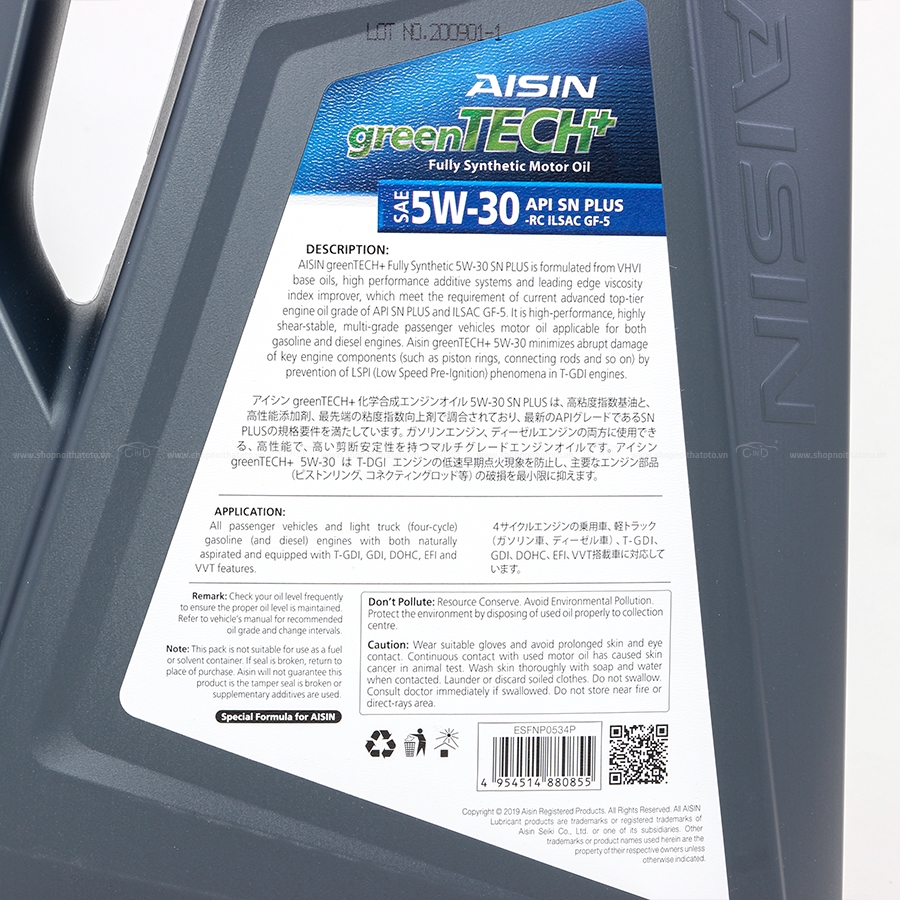 Nhớt Động Cơ AISIN ESFNP0534P 5W-30 SN Plus Greentech+ Fully Synthetic 4L - Nhập Khẩu Chính Hãng