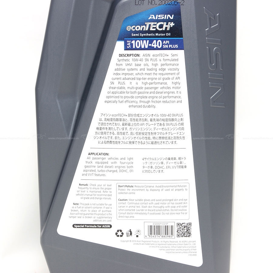 Nhớt Động Cơ AISIN ESSN1041P 10W-40 SN Plus Econtech+ Semi Synthetic 1L - Nhập Khẩu Chính Hãng